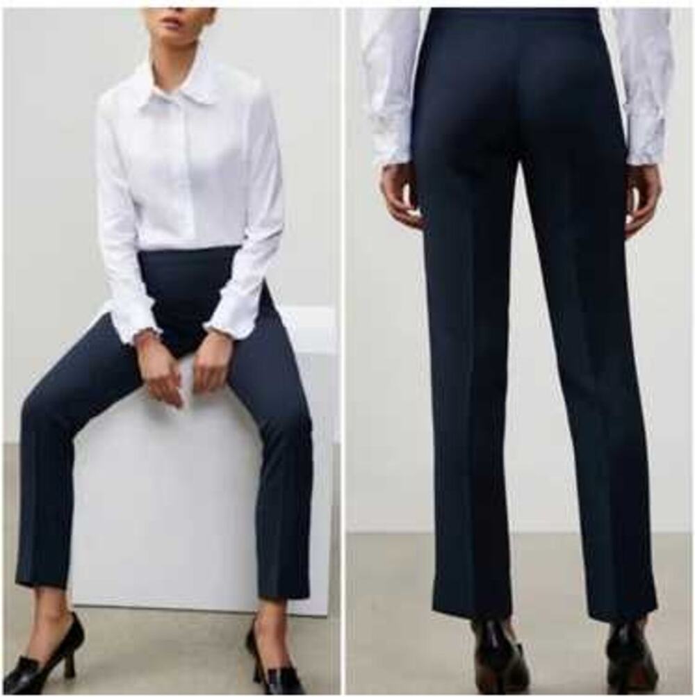 Lafayette 148 Bleecker Trouser Pants Womens 4 Navy Blue Straight Leg High Rise